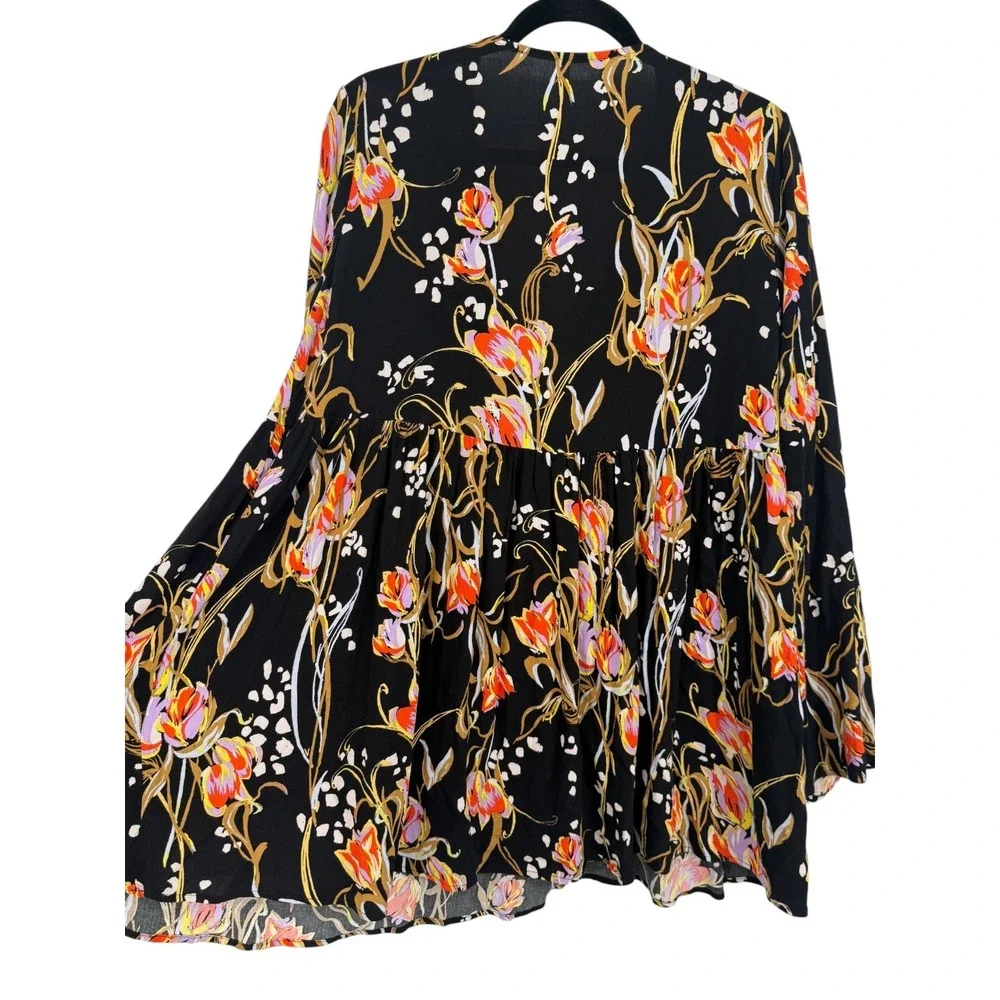 Free People Bella Floral Babydoll Tunic Top Mini Dress Black V-Neck Size Medium